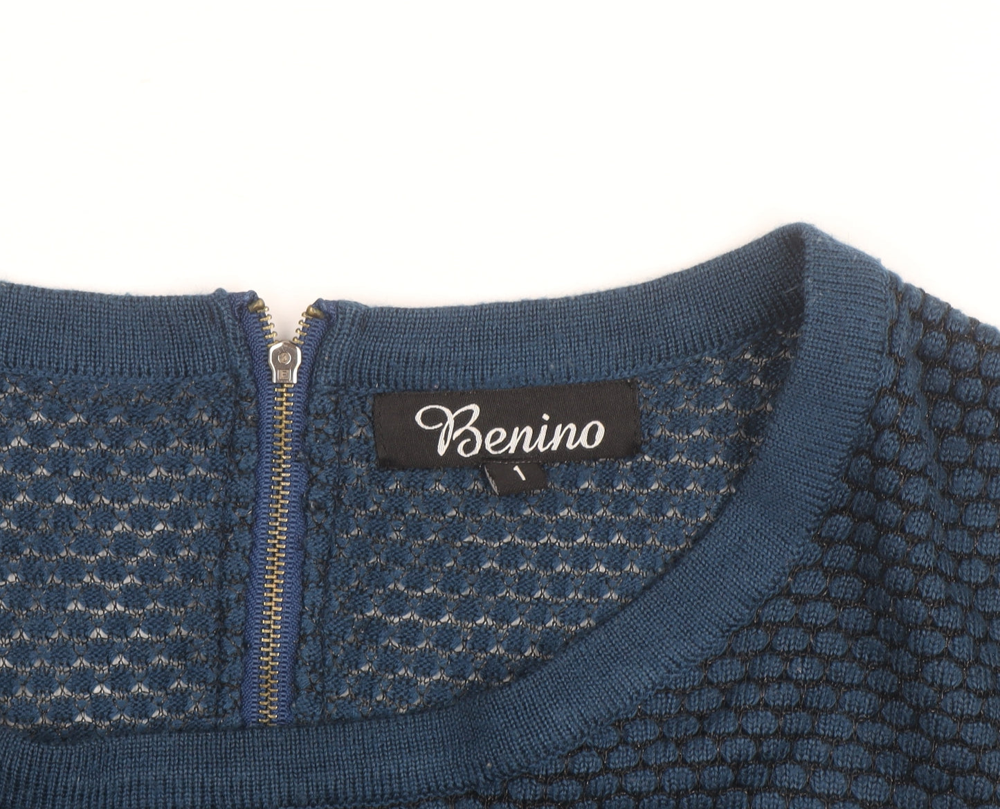Benino Men's Blue Knit Pullover Jumper Size S with Back Zip