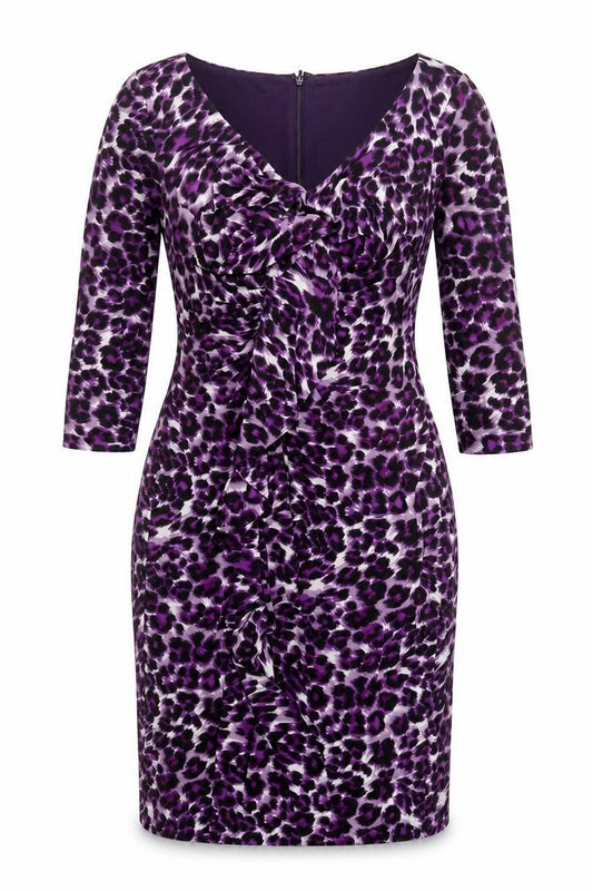 Front view of After Six Women’s Purple Leopard Print Ruched Bodycon Dress, size UK 12