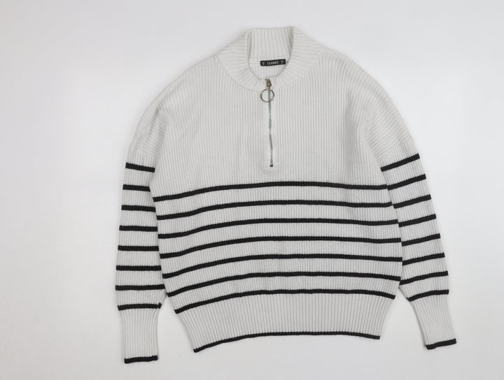 Dunnes Women’s White Striped Mock Neck Half Zip Jumper Size 12