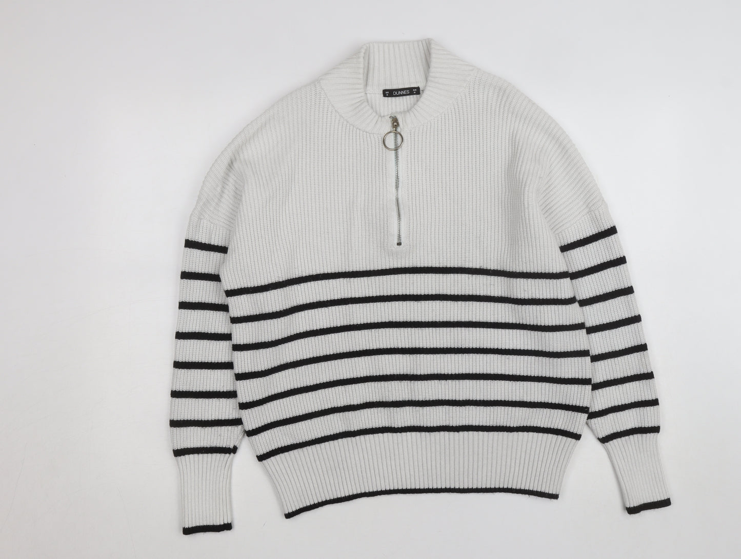 Dunnes Women’s White Striped Mock Neck Half Zip Jumper Size 12