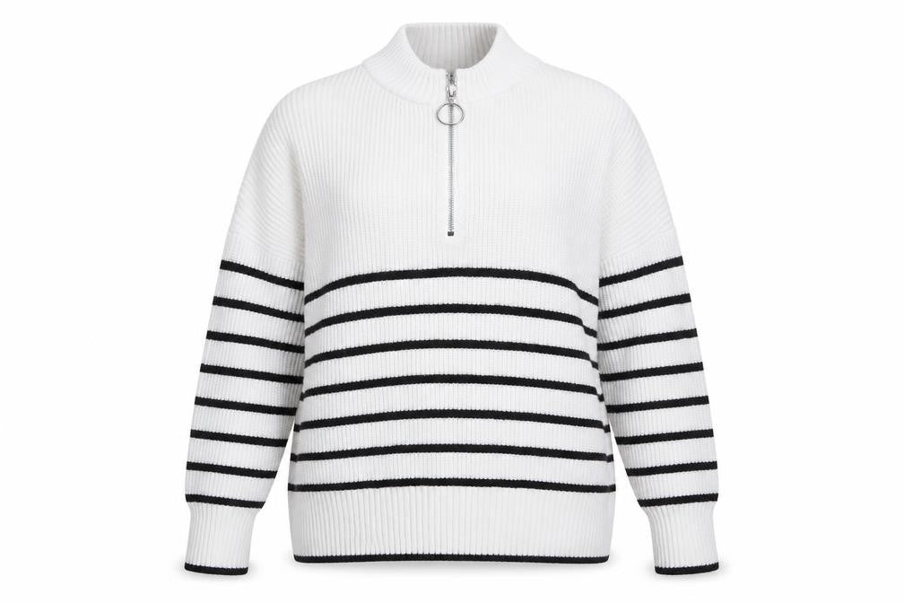 Dunnes Women’s White Striped Mock Neck Half Zip Jumper Size 12
