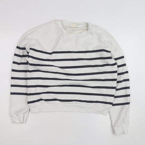 Pull & Bear Women White Blue Striped Crew Neck Cotton Sweatshirt Size M