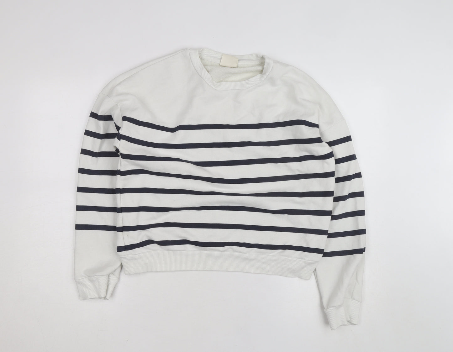 Pull & Bear Women White Blue Striped Crew Neck Cotton Sweatshirt Size M