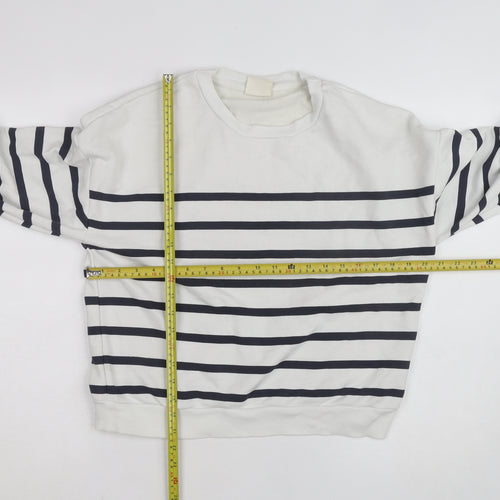 Pull & Bear Women White Blue Striped Crew Neck Cotton Sweatshirt Size M