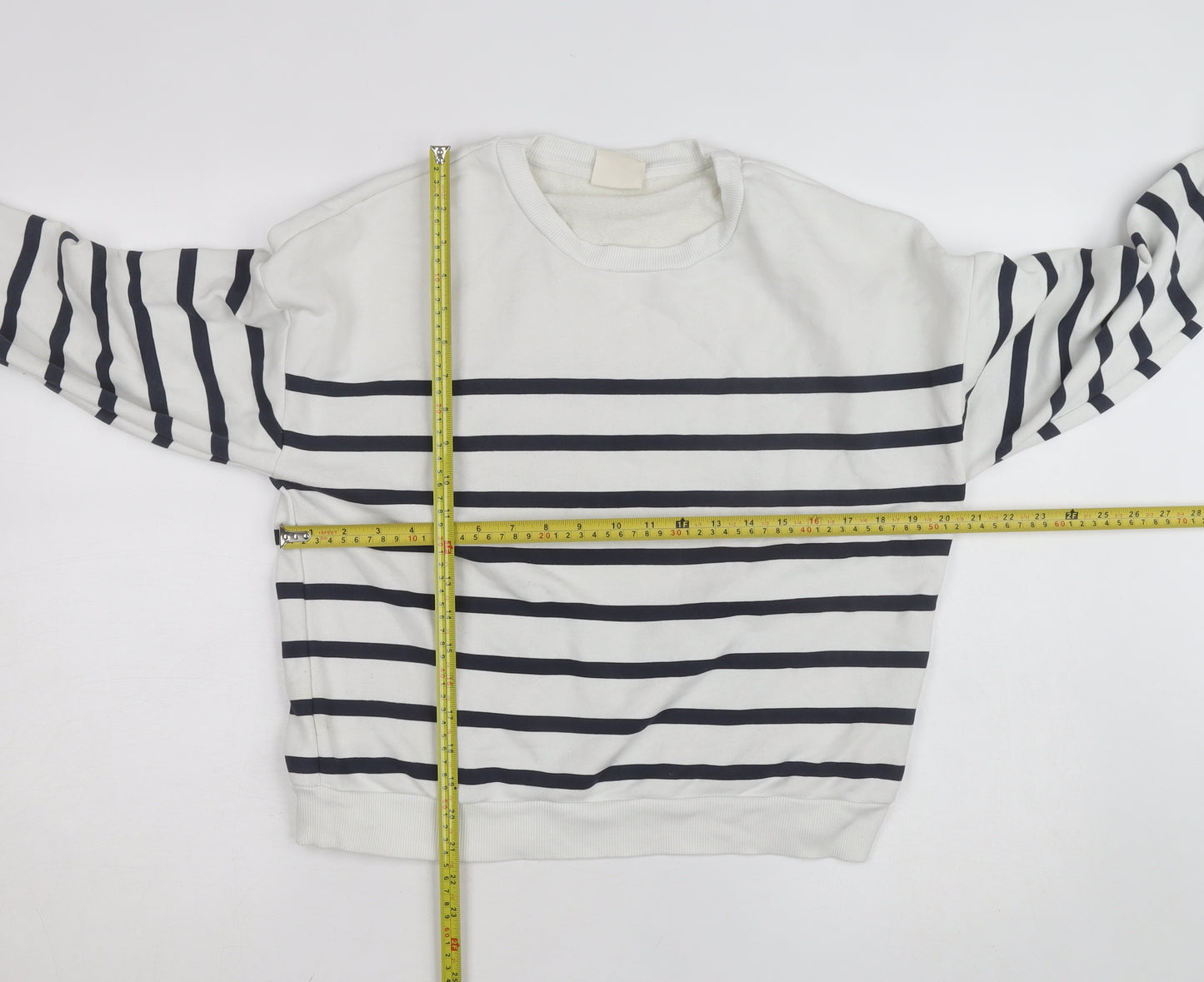 Pull & Bear Women White Blue Striped Crew Neck Cotton Sweatshirt Size M
