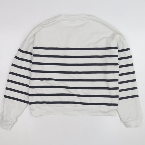 Pull & Bear Women White Blue Striped Crew Neck Cotton Sweatshirt Size M