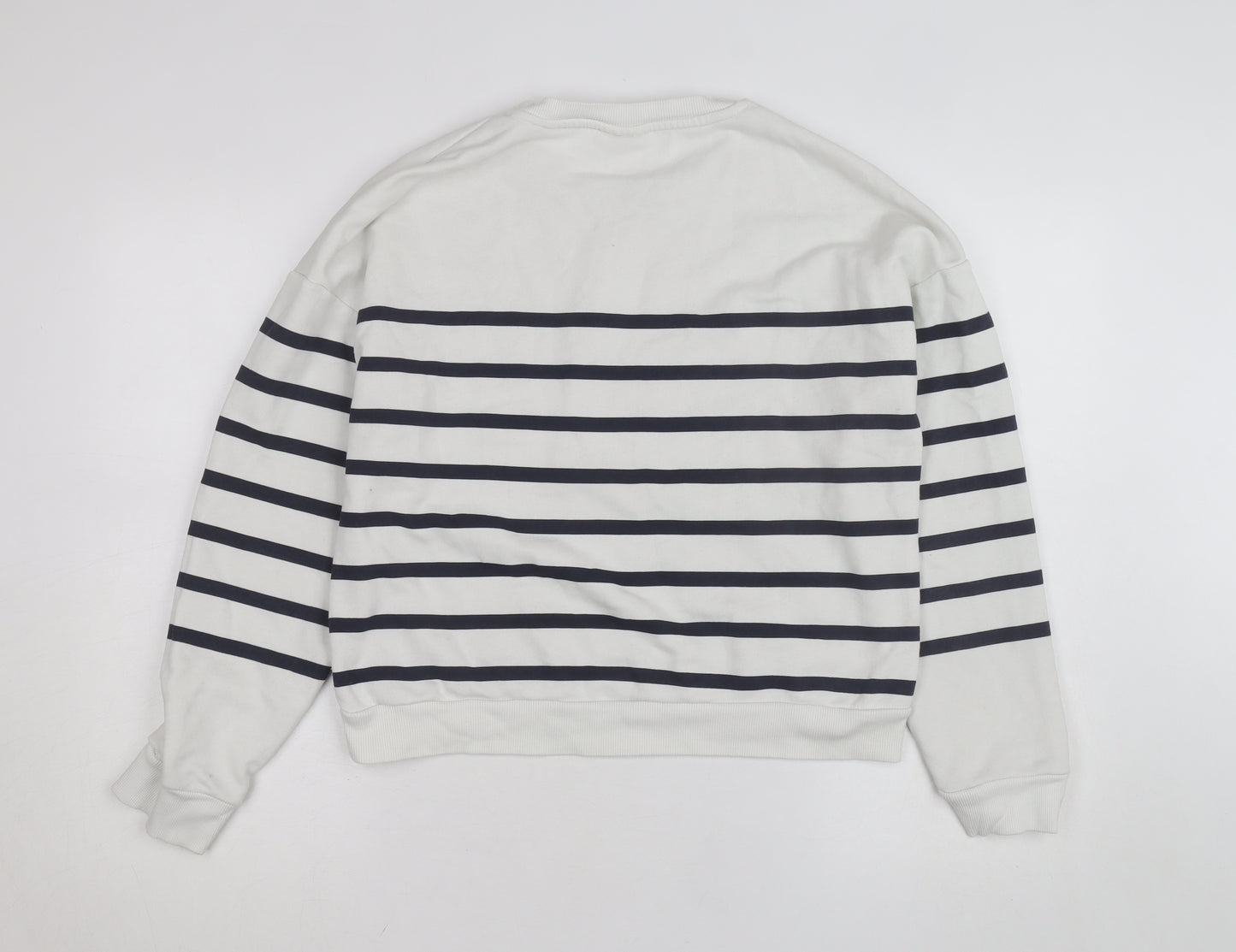 Pull & Bear Women White Blue Striped Crew Neck Cotton Sweatshirt Size M