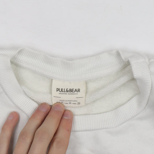 Pull & Bear Women White Blue Striped Crew Neck Cotton Sweatshirt Size M