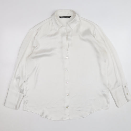 Zara Women White Collared Button-Up Long Sleeve Satin Shirt M