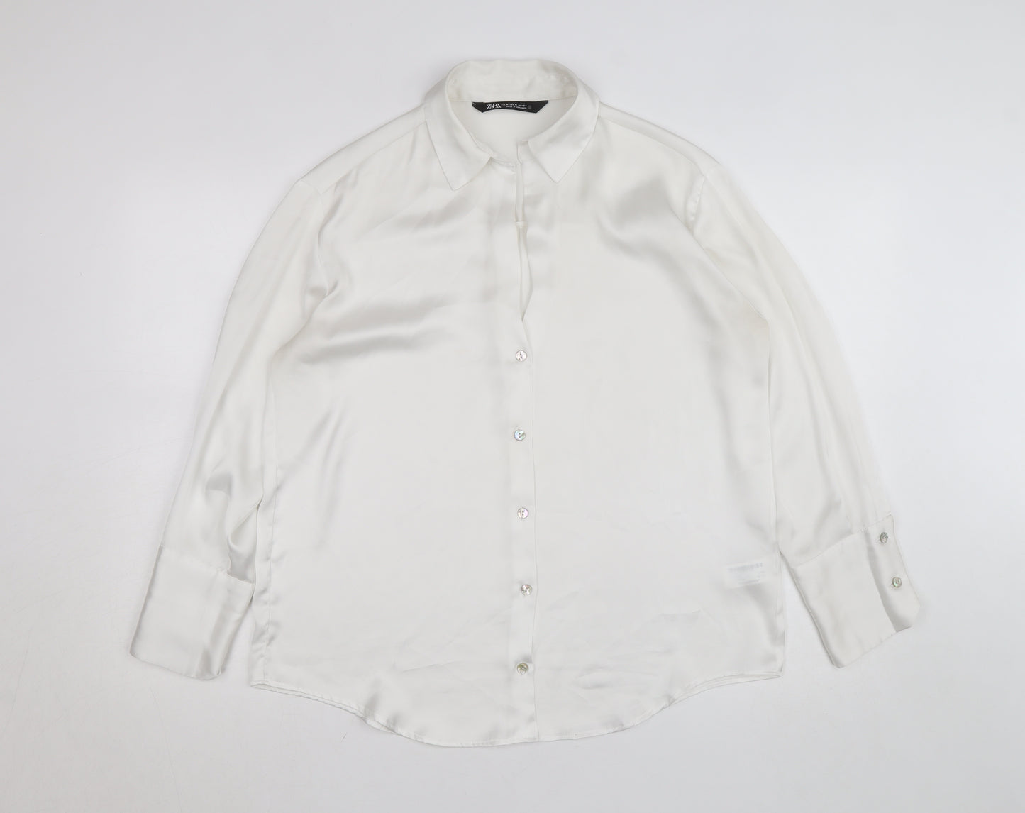 Zara Women White Collared Button-Up Long Sleeve Satin Shirt M