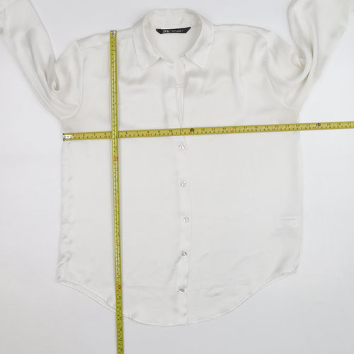 Zara Women White Collared Button-Up Long Sleeve Satin Shirt M