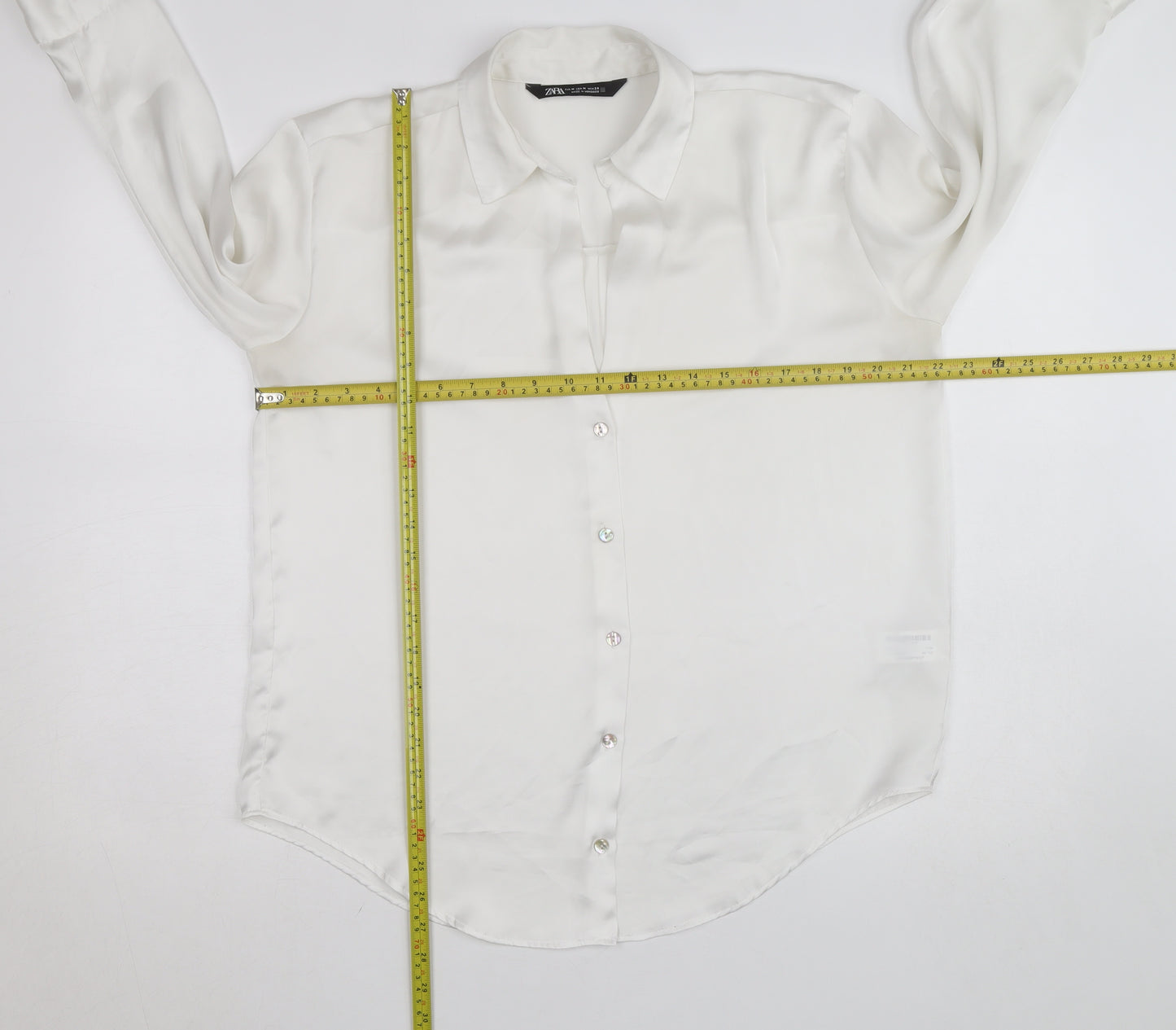 Zara Women White Collared Button-Up Long Sleeve Satin Shirt M
