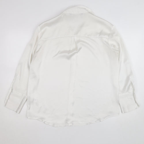 Zara Women White Collared Button-Up Long Sleeve Satin Shirt M