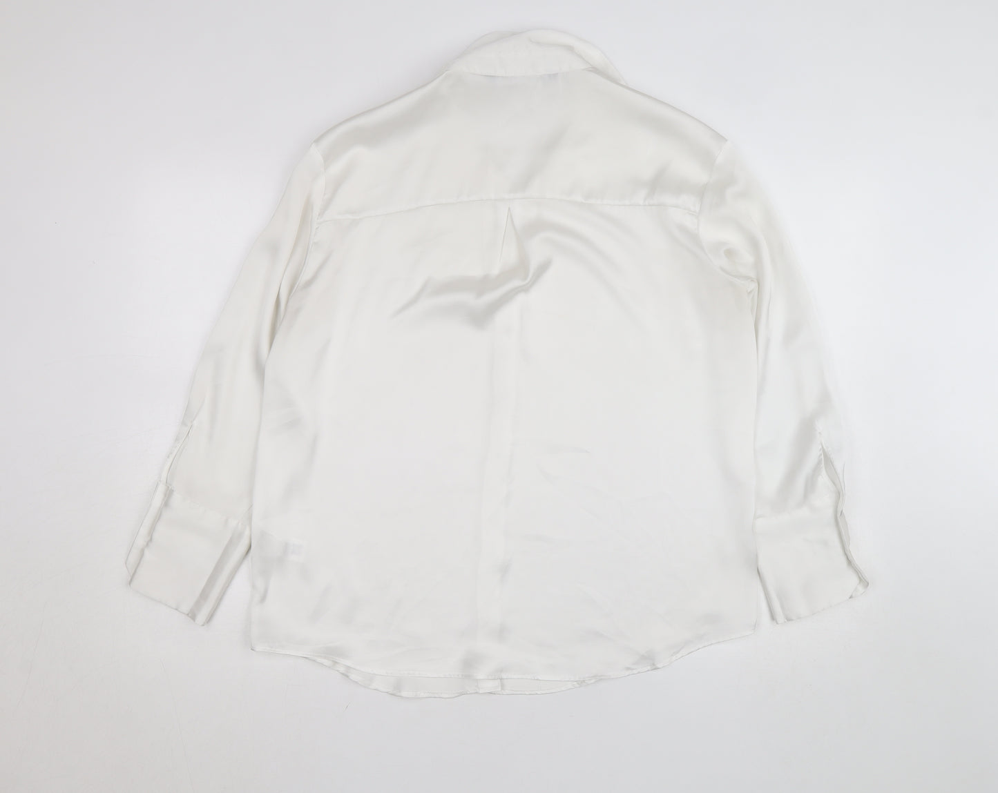 Zara Women White Collared Button-Up Long Sleeve Satin Shirt M