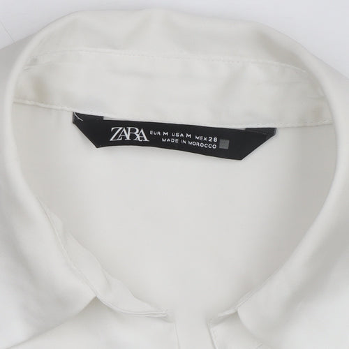 Zara Women White Collared Button-Up Long Sleeve Satin Shirt M