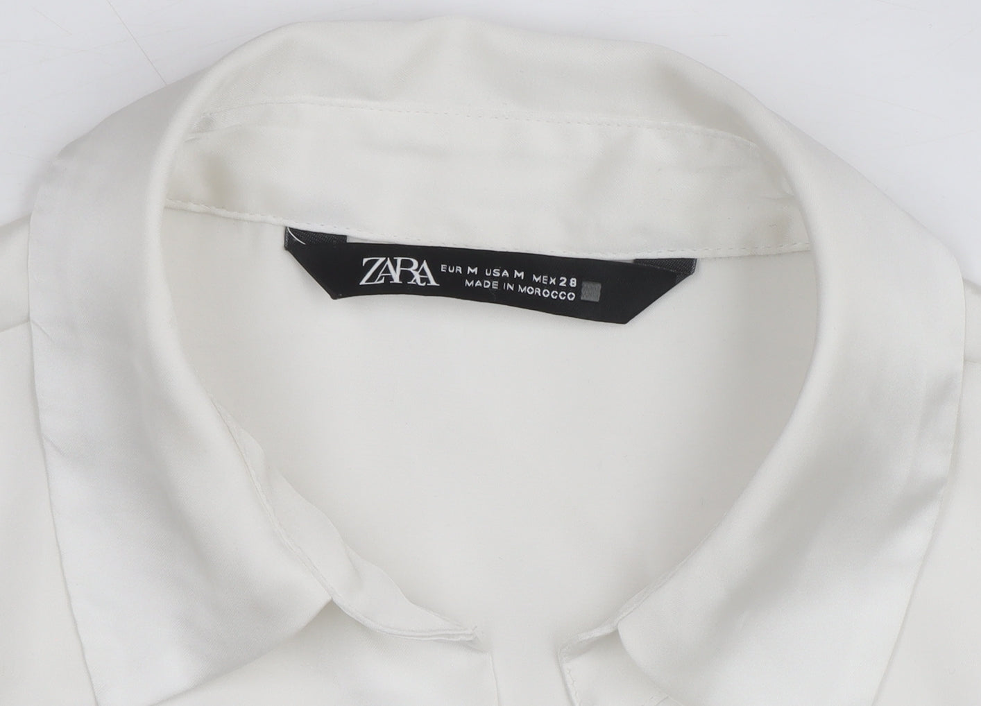 Zara Women White Collared Button-Up Long Sleeve Satin Shirt M