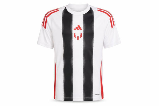 Front view of Adidas boys’ white striped football jersey t-shirt 13-14 years aeroready