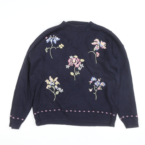 Marks and Spencer Women Navy Floral Embroidered Cotton Jumper Size 12-14