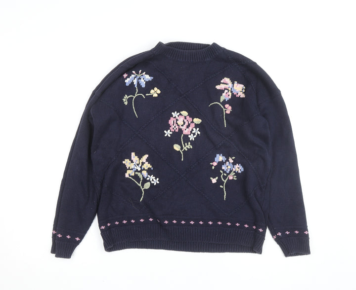 Marks and Spencer Women Navy Floral Embroidered Cotton Jumper Size 12-14