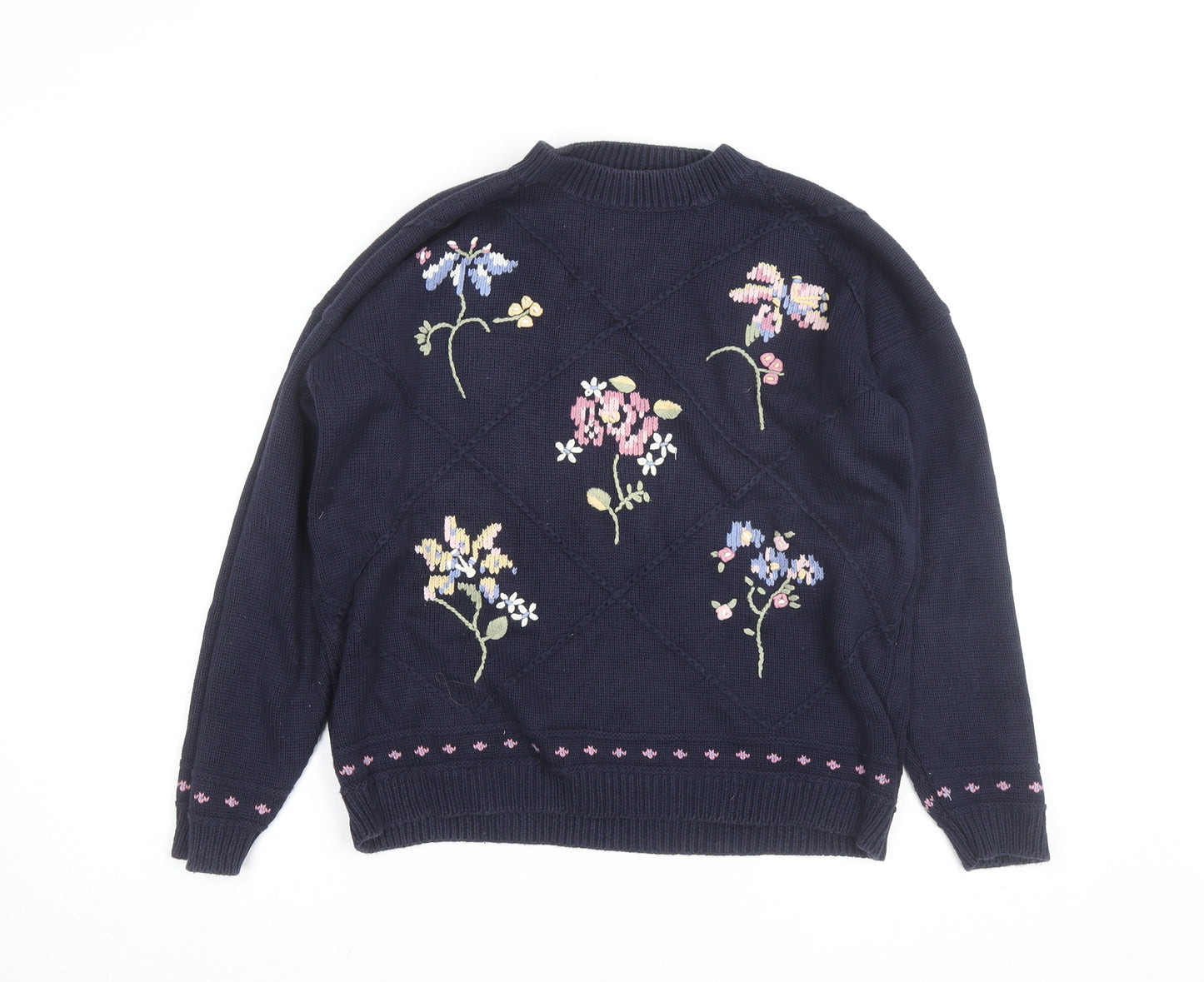 Marks and Spencer Women Navy Floral Embroidered Cotton Jumper Size 12-14