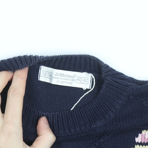 Marks and Spencer Women Navy Floral Embroidered Cotton Jumper Size 12-14