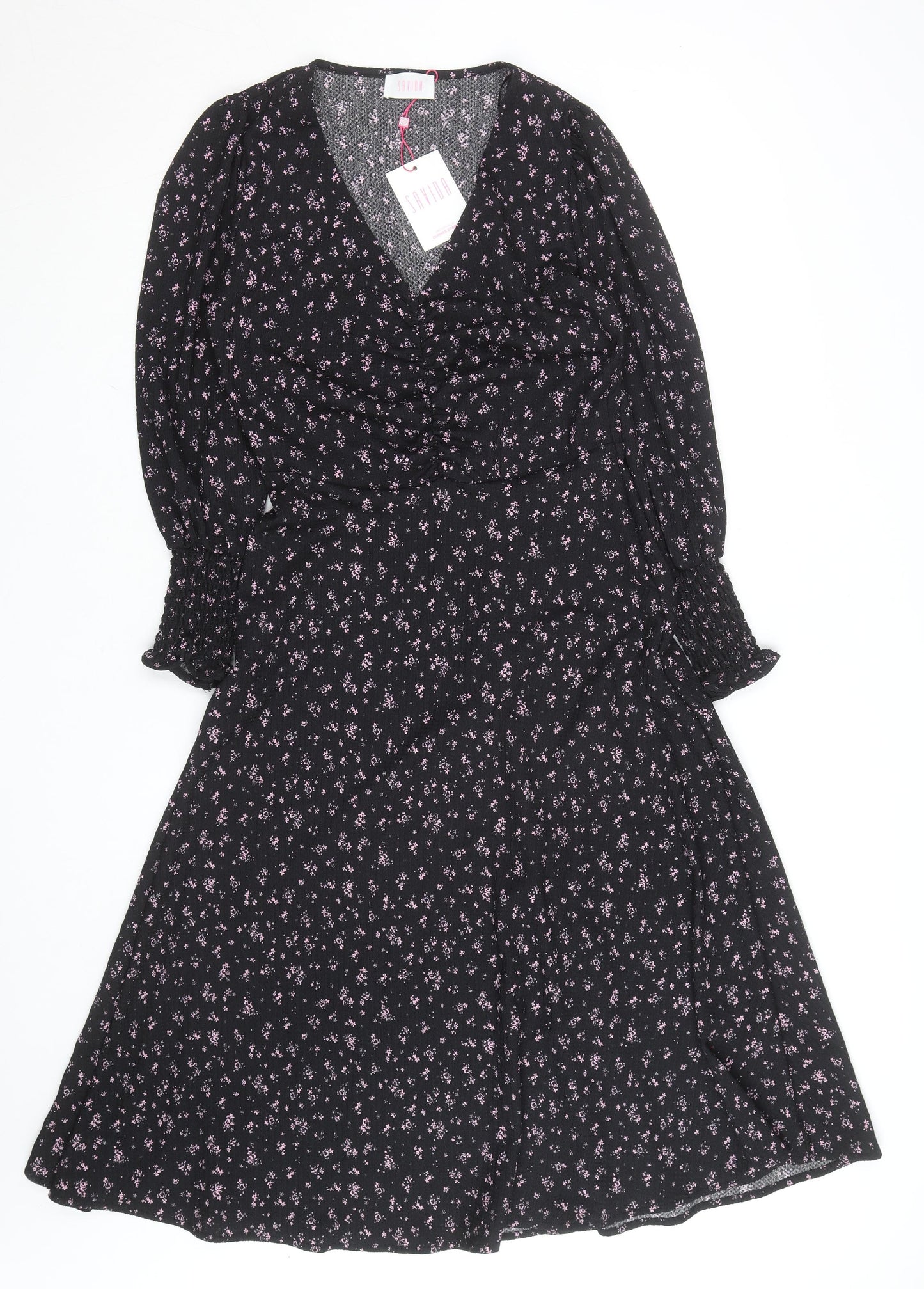 Savida Women Black Floral A-Line Midi Dress XS