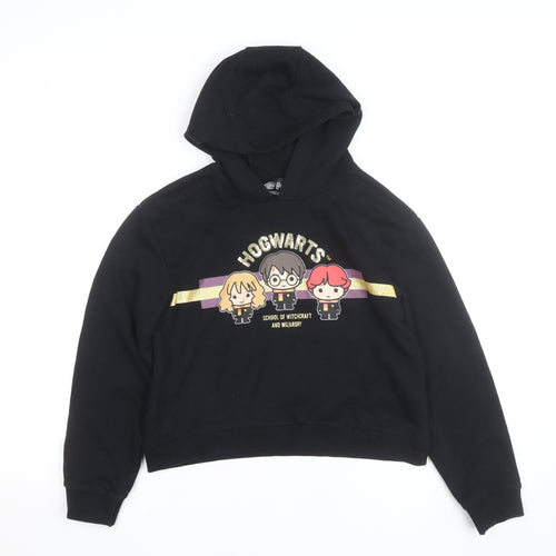 Harry Potter Girls Black 11-12 Years Pullover Hoodie Glitter Hogwarts Logo