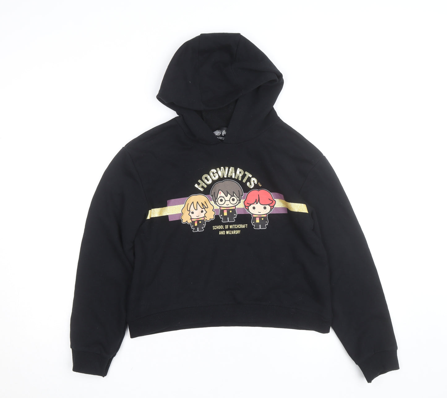 Harry Potter Girls Black 11-12 Years Pullover Hoodie Glitter Hogwarts Logo