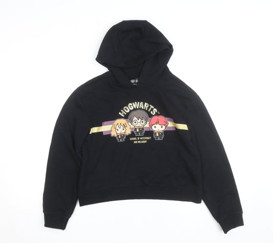 Harry Potter Girls Black 11-12 Years Pullover Hoodie Glitter Hogwarts Logo