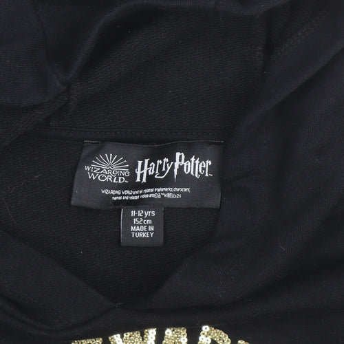 Harry Potter Girls Black 11-12 Years Pullover Hoodie Glitter Hogwarts Logo