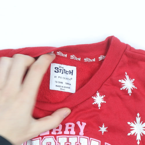 Disney Stitch Girls Red Christmas Sweatshirt 12-13 Years Pullover Crew Neck