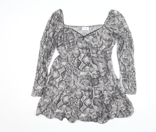 Savida Women’s Grey Snake Print Square Neck Long Sleeve Tunic Blouse Size 16