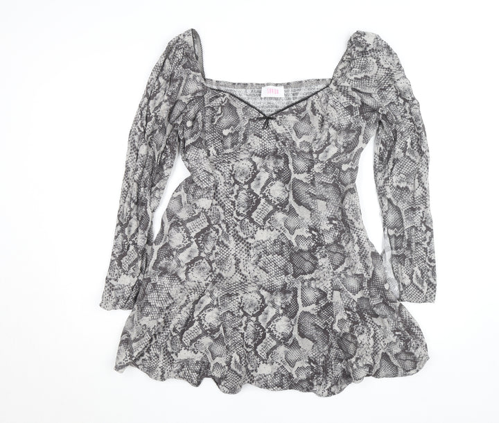 Savida Women’s Grey Snake Print Square Neck Long Sleeve Tunic Blouse Size 16