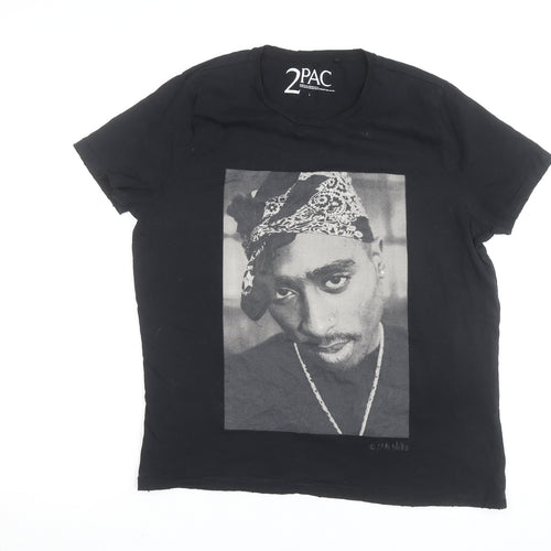 2PAC Unisex Black Cotton Graphic T-Shirt L Hip Hop Music Tee