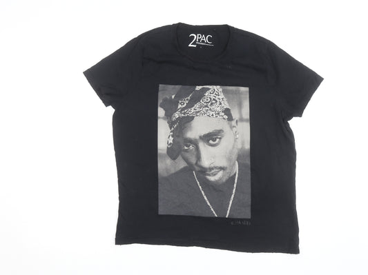 2PAC Unisex Black Cotton Graphic T-Shirt L Hip Hop Music Tee