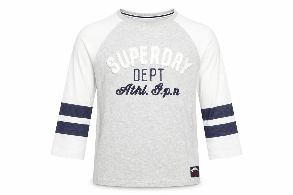 Front view of Superdry Men's Grey Graphic 3/4 Sleeve Athletic Top XS