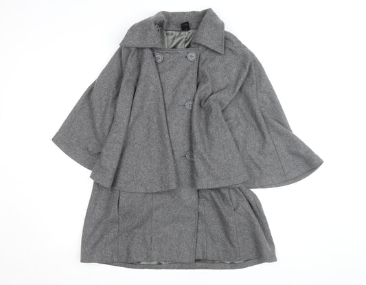 eastnth Women's Grey Wool Blend Cape Coat L Collared Overcoat