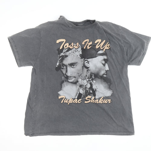 Bershka Men's Grey Tupac Shakur Graphic Band T-Shirt Size M