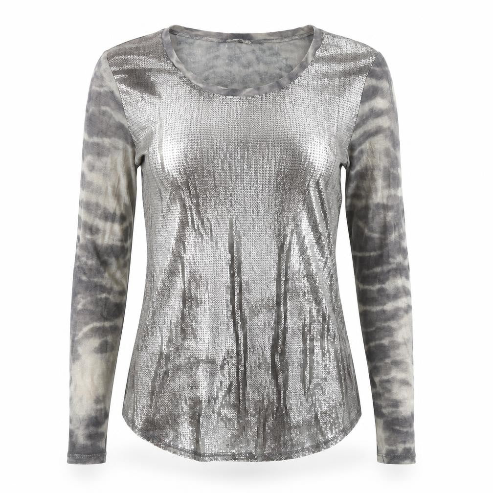 Front view of Marc Aurel Women's Grey Sequin Long Sleeve Cotton T-Shirt, size 8