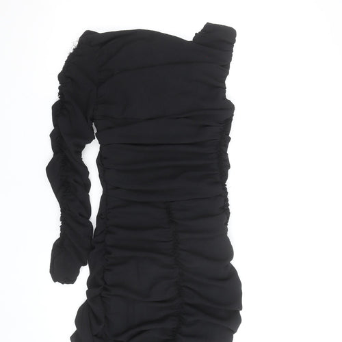 Zara Women Black One Shoulder Ruched Bodycon Mini Dress UK 8