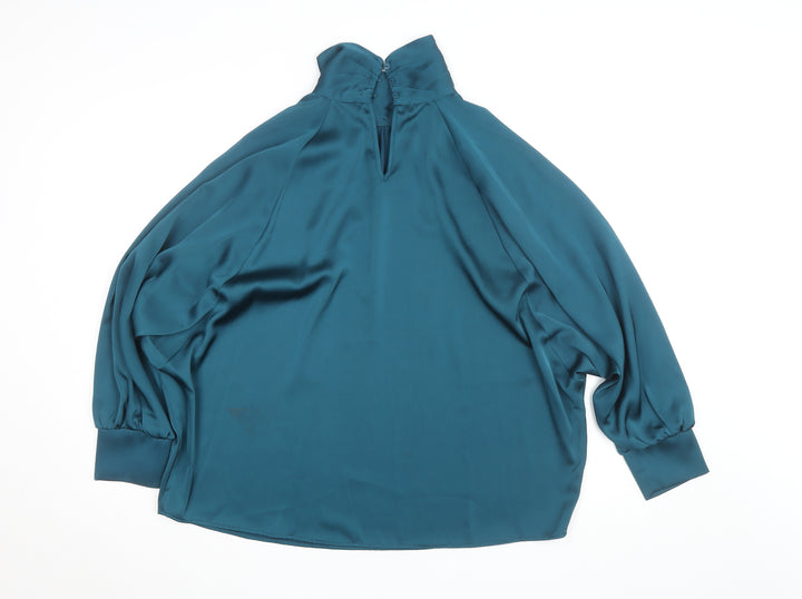 Gallery Women's Blue Satin High Neck Long Sleeve Tunic Blouse Size 10