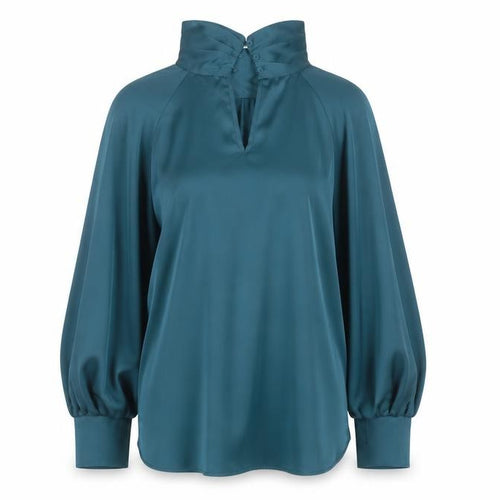 Gallery Women's Blue Satin High Neck Long Sleeve Tunic Blouse Size 10