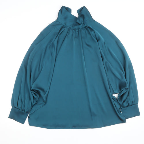 Gallery Women's Blue Satin High Neck Long Sleeve Tunic Blouse Size 10