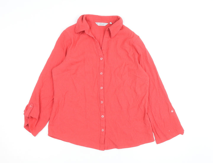 EWM Women Coral Button-Up Blouse Size 12 Long Sleeve Polyester Blend
