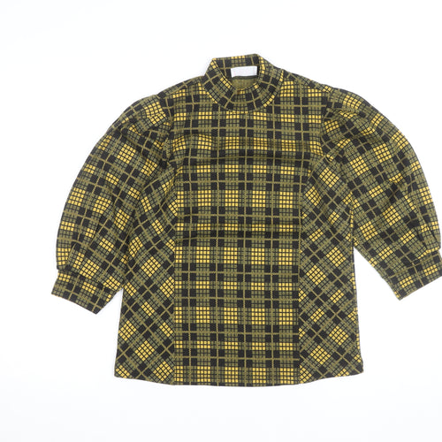 Stradivarius Women Yellow Check High Neck Long Sleeve Blouse Size 10