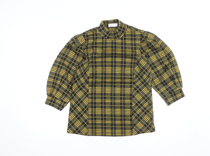 Stradivarius Women Yellow Check High Neck Long Sleeve Blouse Size 10