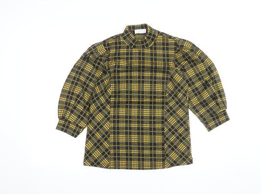 Stradivarius Women Yellow Check High Neck Long Sleeve Blouse Size 10