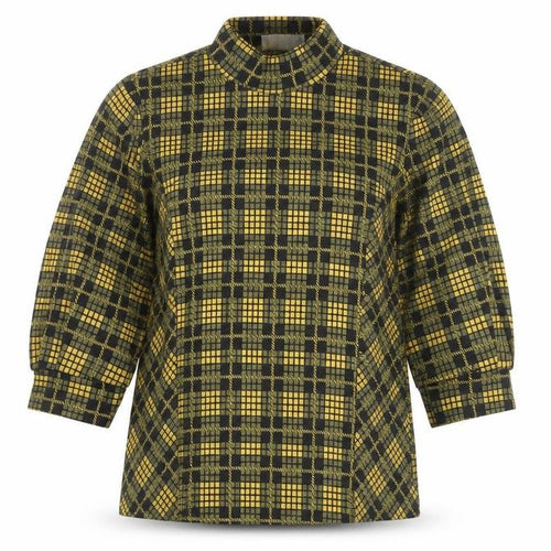 Stradivarius Women Yellow Check High Neck Long Sleeve Blouse Size 10