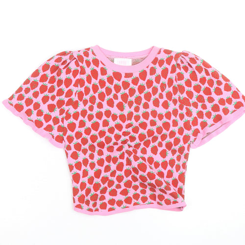Savida Womens Pink Strawberry Print Cropped Knit T-Shirt Size S