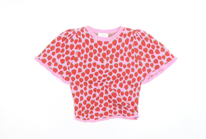 Savida Womens Pink Strawberry Print Cropped Knit T-Shirt Size S